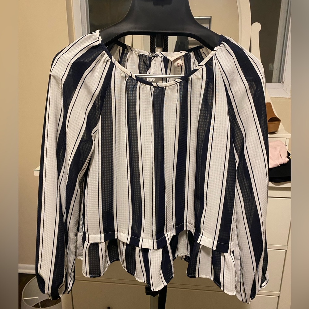 Merona Navy Striped Long Sleeve Peplum Top - Size Medium